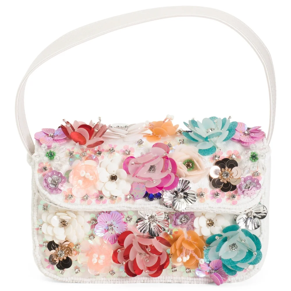 White Floral Sequin Shoulder Handbag